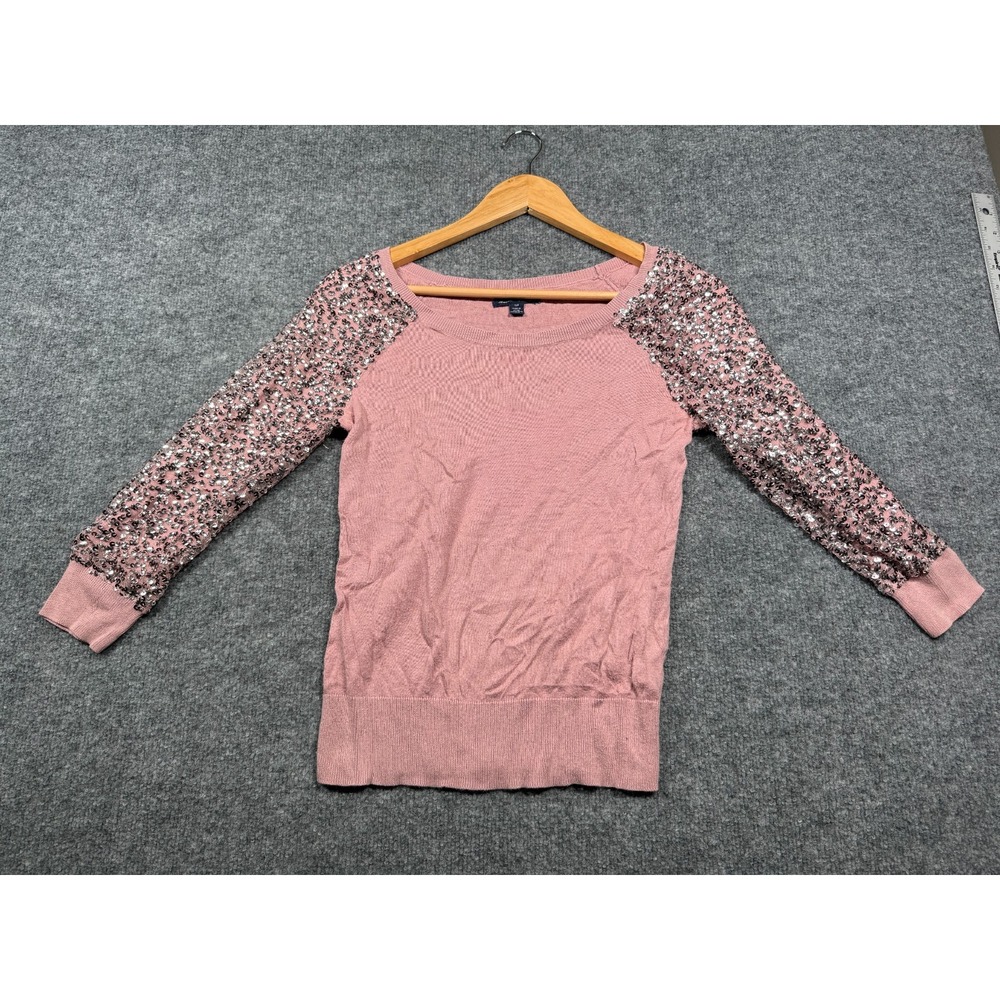 American Eagle Sweater Womens Small Pink Sparkling Sequin 3/4 Sleeve Scoop Neck